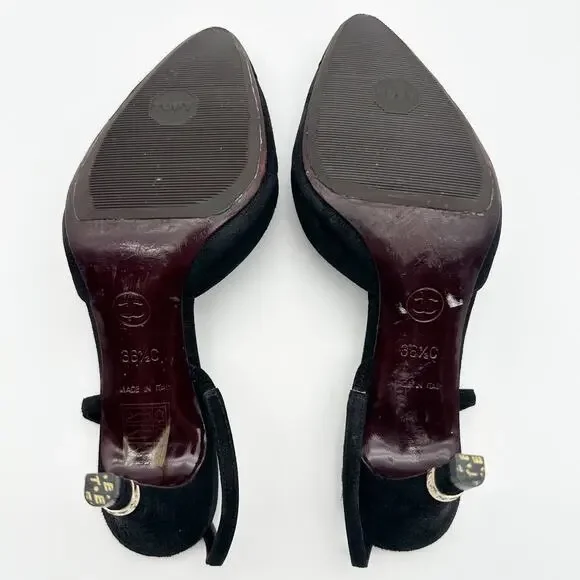 Chanel Slingback Heels 36.5 Black Suede Gold Cap Toe Vintage CC Logo Block Heel - Picture 7 of 9